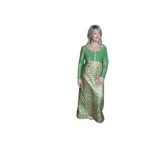 Vintage Alfred Werber Green & Gold toned Metallic Long Sleeve Maxi Dress Size 12